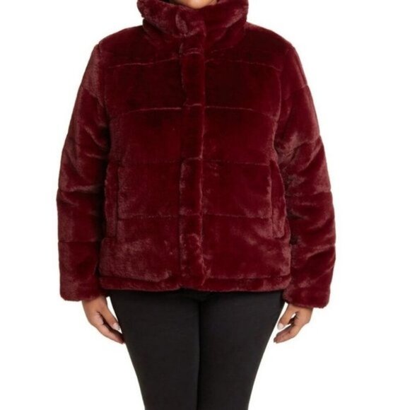 NEW Avec Les Filles Faux Fur Puffer Jacket Burgundy Wine Size XS Nordstrom Coat - Picture 1 of 15